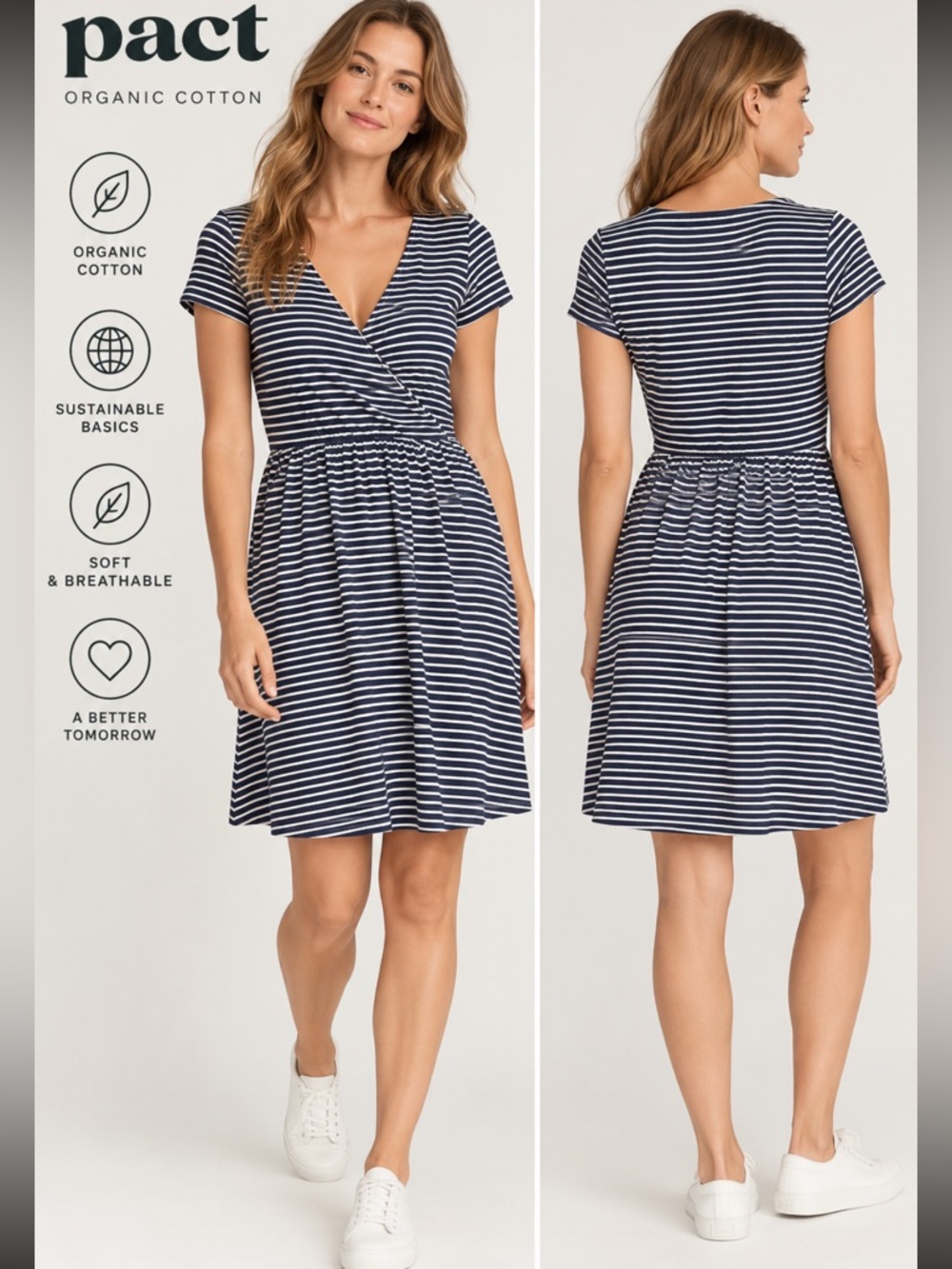 PACT Organic Cotton Striped Surplice Fit & Flare Dress Navy White M